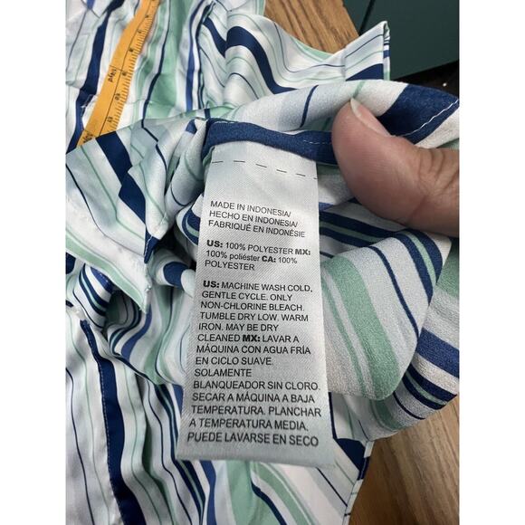 Chico’s Chicos Satin Button Down Short Sleeve Blouse Size 0 Small Striped Green - Picture 5 of 7